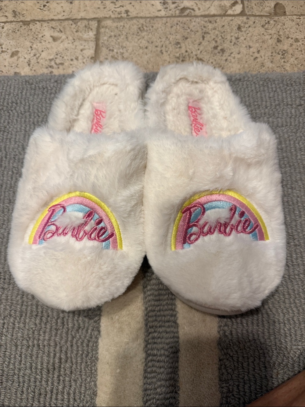 Barbie White Plush Slippers with Pink & Yellow Rainbow Embroidery